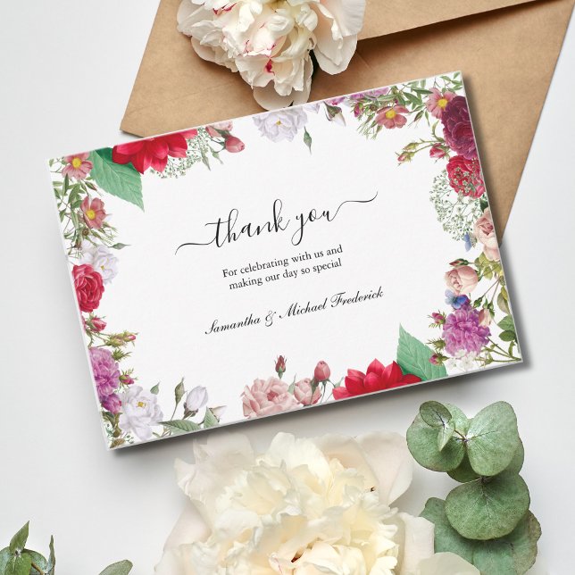 Tarjetas de agradecimiento para boda boho de flore (Wildflower wedding thank you card. Elegant script calligraphy)
