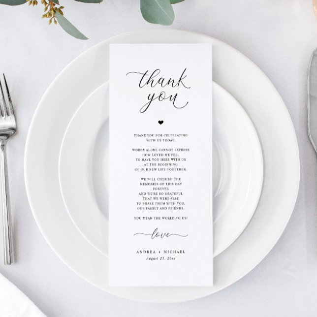Tarjetas de agradecimiento para boda Elegantes Rom (Elegant Romantic Wedding Menus for Reception Tables or Plates - Modern Minimalist Black and White)