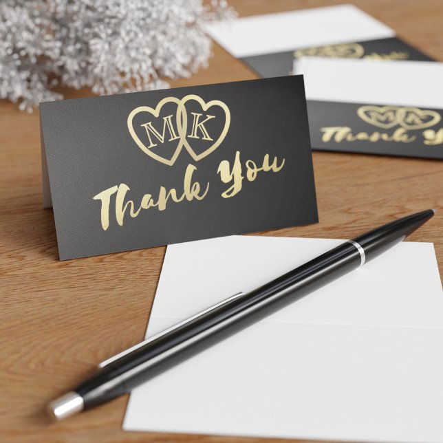 Tarjetas de agradecimiento para boda mini Heart Go (Mini thank you cards with space for your initials in the gold hearts)