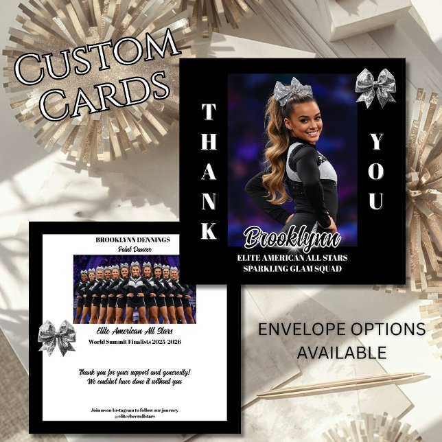 Tarjetas de agradecimiento para equipo de porrista (Cheerleader thank you cards for cheer, dance or gymnastics teams. Thank your sponsors and supporters)