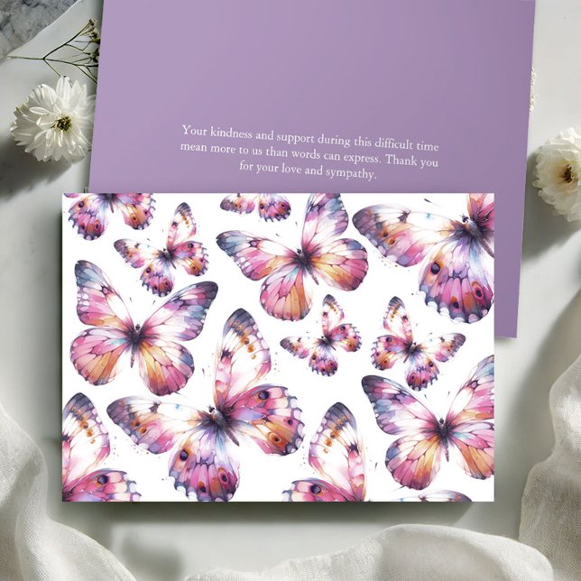 Tarjetas de agradecimiento para funeral de maripos (Butterfly funeral thank you cards watercolor purple butterflies by Victoria Grigaliunas)