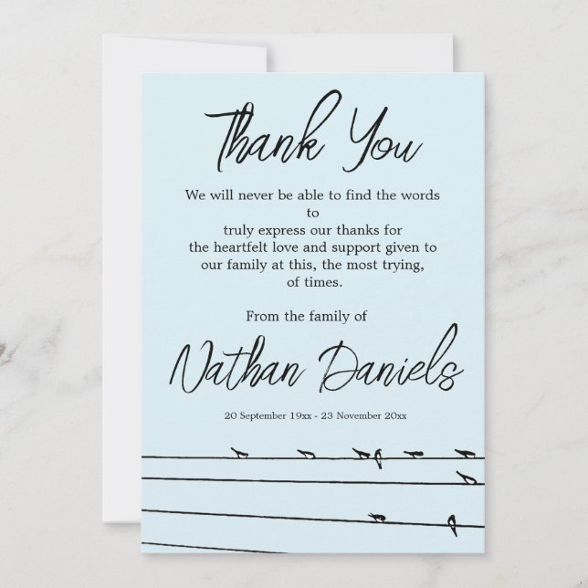 Tarjetas de agradecimiento para funeral de pájaros (Anverso)