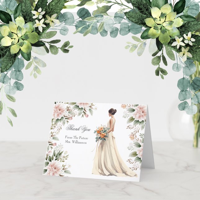 Tarjetas de agradecimiento para vestido de novia e (Bridal Shower Thank you card with Bride in Wedding dress. Pink White Floral)