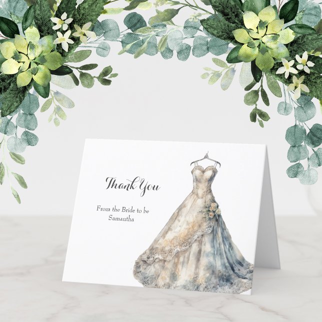 Tarjetas de agradecimiento para vestido de novia e (Bridal Shower Folded Thank you note cards with Wedding dress design)
