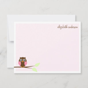 Tarjetas de agradecimiento planas de búho rosa