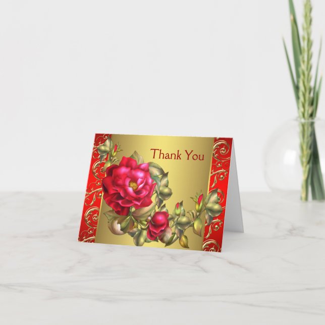 Tarjetas de agradecimiento Rosas Rojas Oro Rojo (Anverso)
