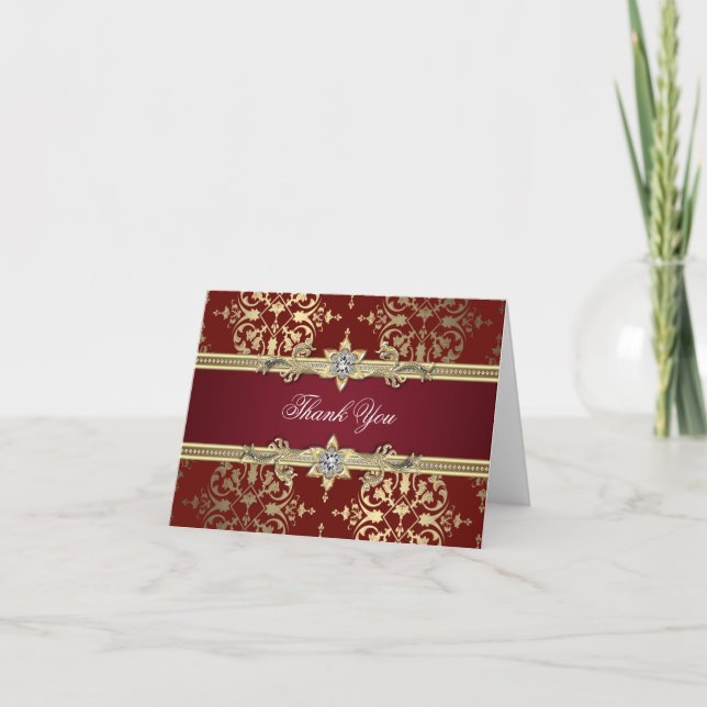 Tarjetas de agradecimiento Ruby Red y Gold Damask (Anverso)