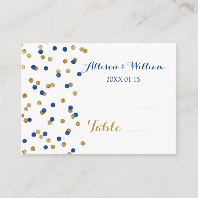 Tarjetas de ajuste de mesa de confetti azul oscuro (Anverso)