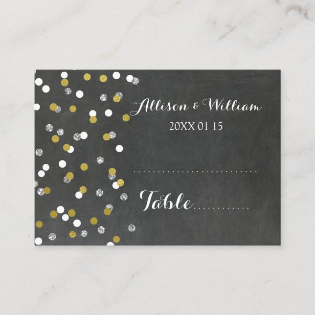 Tarjetas de ajuste de mesa de confetti dorado plat (Anverso)