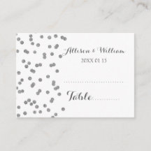 Tarjetas de ajuste de mesa de confetti plateado