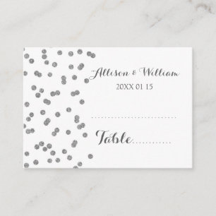 Tarjetas de ajuste de mesa de confetti plateado