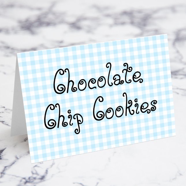 Tarjetas de alimentos de gingham azul pastel (Pastel Blue Gingham Chocolate Chip Cookies Food Cards)