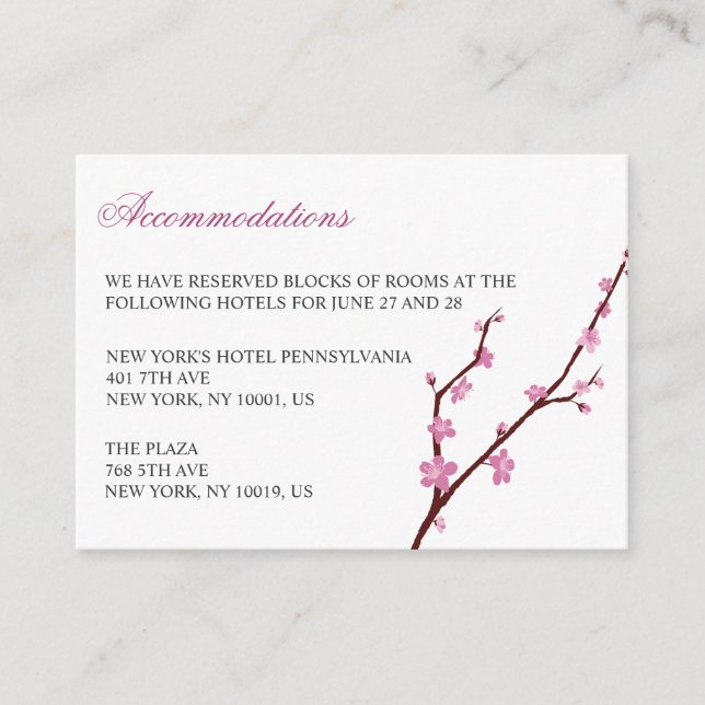 Tarjetas de alojamiento Boda Cherry Blossom (Anverso)