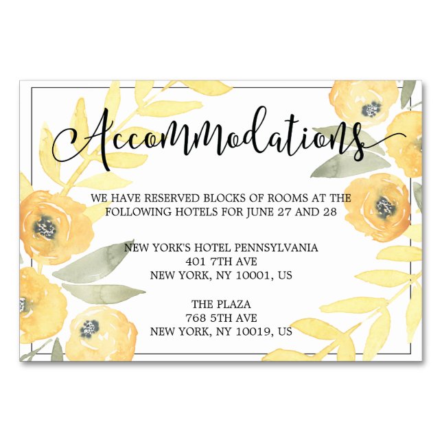 Tarjetas de alojamiento Boda floral amarilla (Anverso)