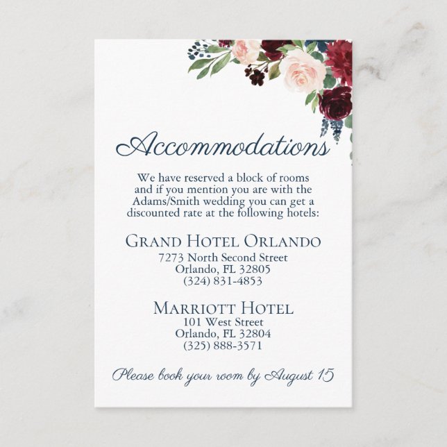 Tarjetas de alojamiento Boda floral de Navy Marsal (Anverso)