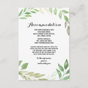 Tarjetas de alojamiento boda Foliage deja verde