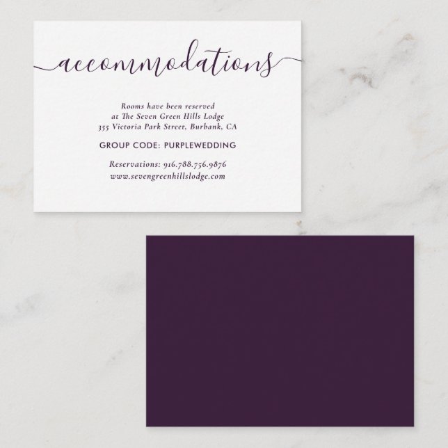 Tarjetas De Alojamiento De Hotel Purple Boda (Anverso / Reverso)