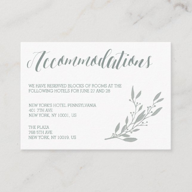 Tarjetas de alojamiento elegantes de Boda Sage (Anverso)