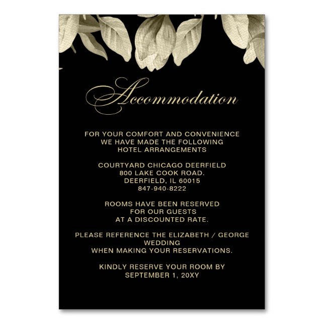 Tarjetas de alojamiento Floral Black and Gold boda (Anverso)