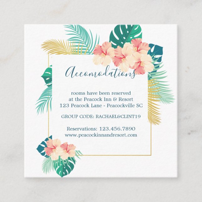 Tarjetas de alojamiento hawaiano para Bodas Hibisc (Anverso)
