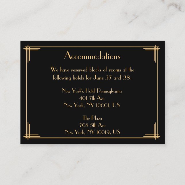 Tarjetas de alojamiento para Bodas negros (Anverso)