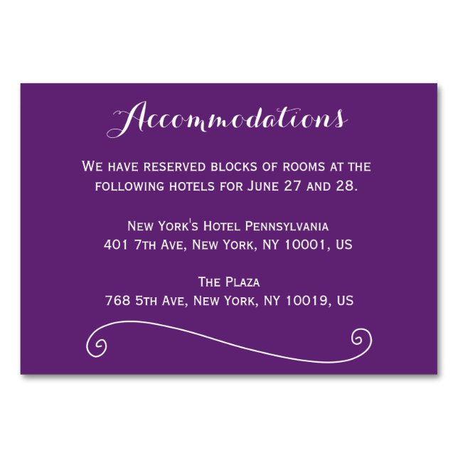 Tarjetas de alojamiento personalizado Boda púrpura (Anverso)