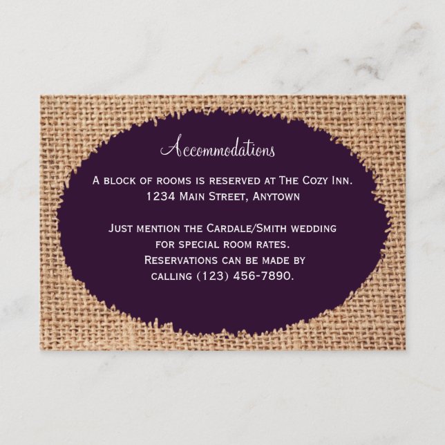 Tarjetas de alojamiento rusticas Burlap Purple (Anverso)
