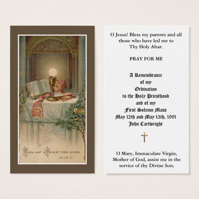 TARJETAS DE ALTAR DE LA ORDENACIÓN DE SACERDOTE CA (Anverso y reverso)
