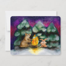 Tarjetas de Animales del Bosque Invernal con Fogat