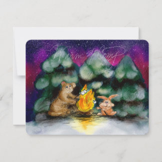 Tarjetas de Animales del Bosque Invernal con Fogat