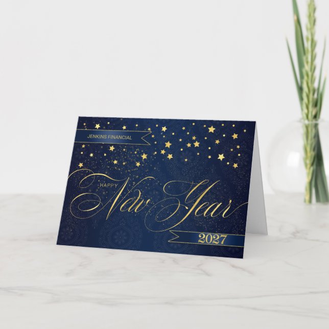 Tarjetas de Año Nuevo 2027 Navy Azul con Estrellas (Anverso)