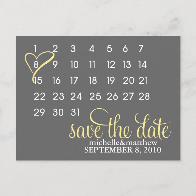 Tarjetas de Anuncio de Boda en Calendario {amarill (Anverso)