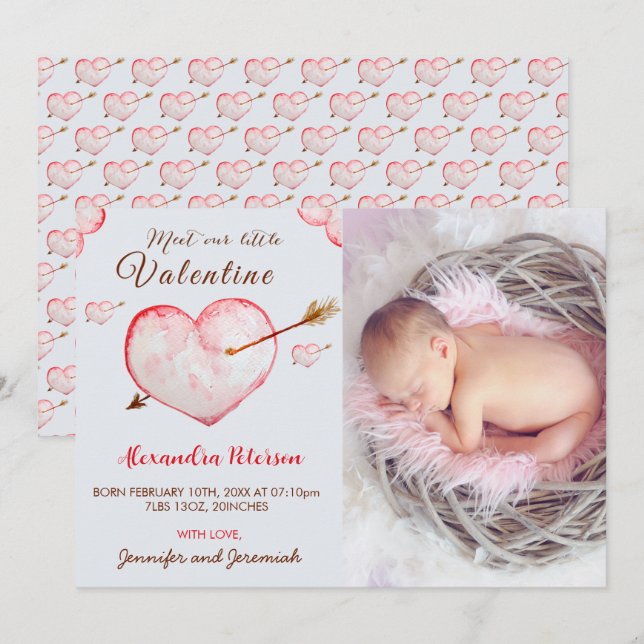 tarjetas de anuncio de nacimiento de San Valentín  (Anverso / Reverso)