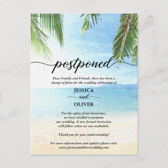 Tarjetas de Anuncio de Retraso de Boda en la Playa (Anverso)