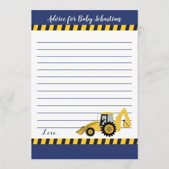 Tarjetas de asesoramiento Baby Shower de Backhoe B (Anverso)