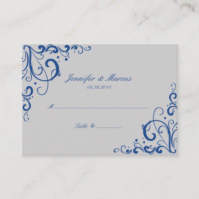 Tarjetas de asiento Boda con flores azules y grise (Anverso)