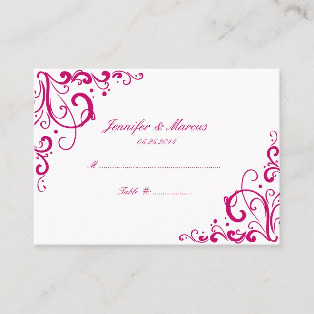 Tarjetas de asiento Boda Fuschia y White Flourish (Anverso)