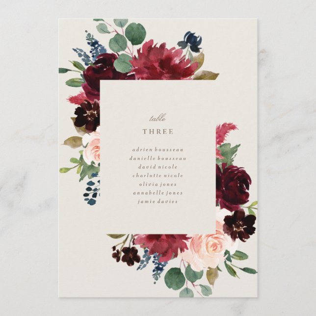 Tarjetas de asiento con número de mesa de eleganci (Anverso)