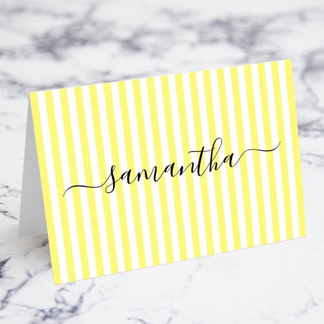 Tarjetas de Asiento con Rayas Amarillas Claras con (Light Yellow and White Stripes Individual Name Signature Place Cards)