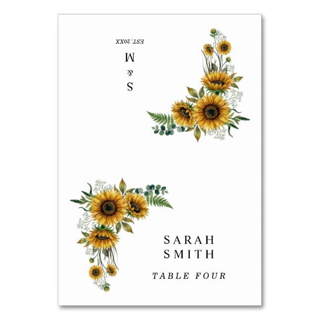 Tarjetas de Asiento de Boda con Girasoles Rústicos (Anverso)