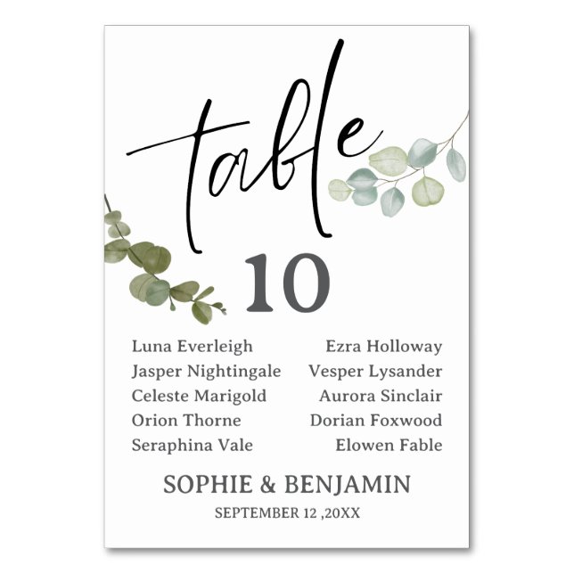 Tarjetas de Asiento de Boda de Eucalipto con Acuar (Anverso)