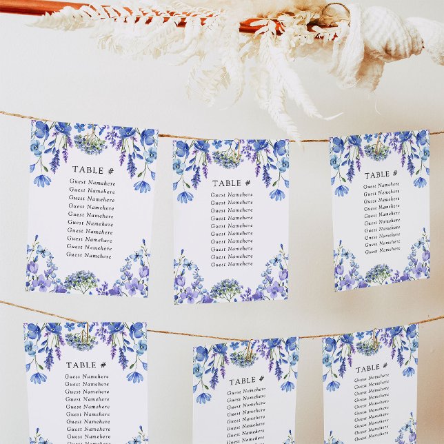 Tarjetas de asiento de Boda Floral Periwinkle Wild (Wedding Table Seating Cards from my Lilac + Periwinkle Wildflower Wedding Collection)