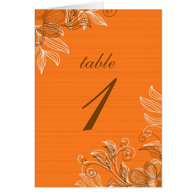 Tarjetas de asiento de mesa floral naranja y marró (Frente)