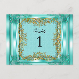 Tarjetas de asiento de número de mesa dorado teal