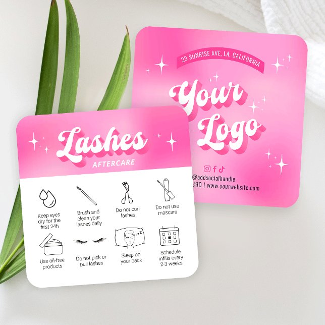 Tarjetas de atención posterior a las extensiones d (Trendy lash extensions care cards with icons, featuring girly pink design, care icons & retro fonts)