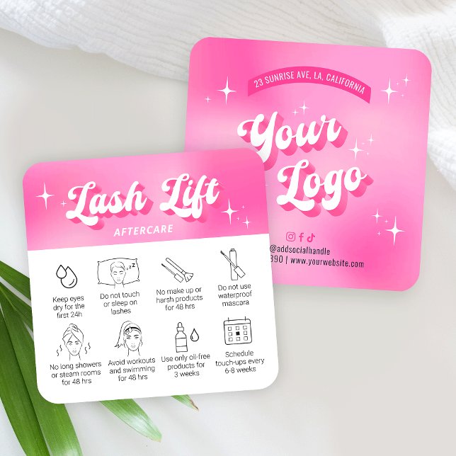Tarjetas de atención posterior de la barra rosada  (Trendy lash lift & tint care cards with icons, featuring girly pink design, care icons & retro fonts)