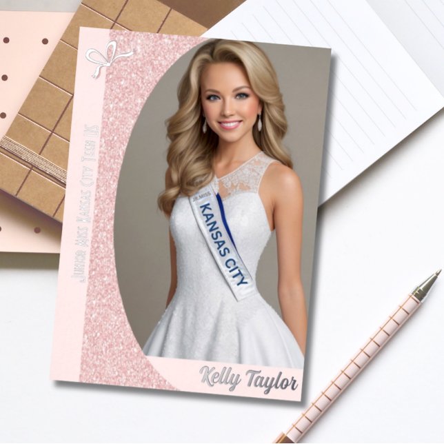 Tarjetas de autografo de Relieve metalizado Glitz  (Custom Pageant Autograph Card with Real Foil Embossing on the Front and Rose Gold Glitter background)