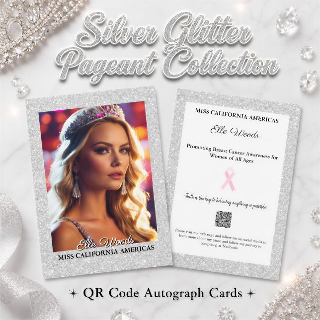 Tarjetas de Autógrafo del Concurso Brillo | Código (Promote your platform, create a keepsake of your reign, with silver glitter pageant autograph cards )
