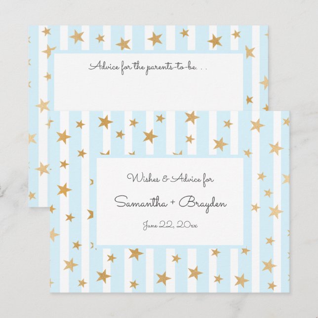 Tarjetas de aviso Baby Shower de Blue Stripes Gold (Anverso / Reverso)