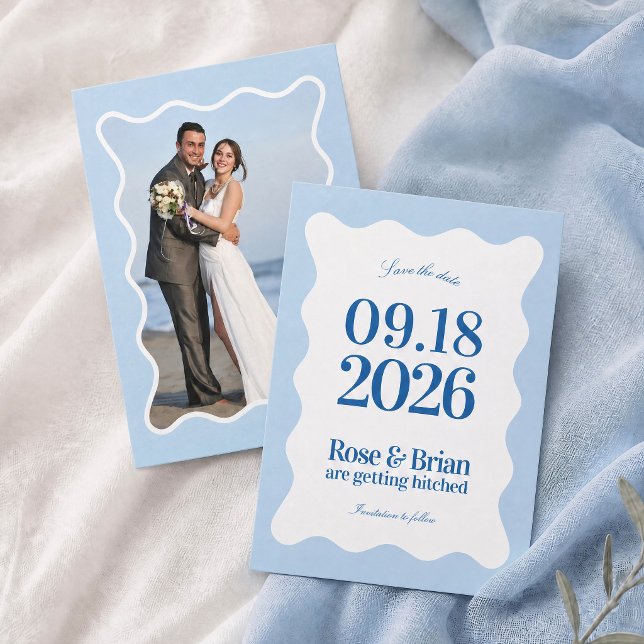 Tarjetas de aviso de boda Blue Wavy Cabana (Subido por el creador)
